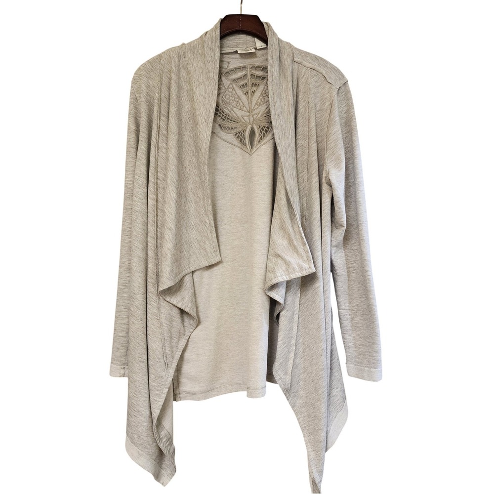 Cato Womens Large Gray Waterfall Open Front Cardigan Embroidered Cutout Back